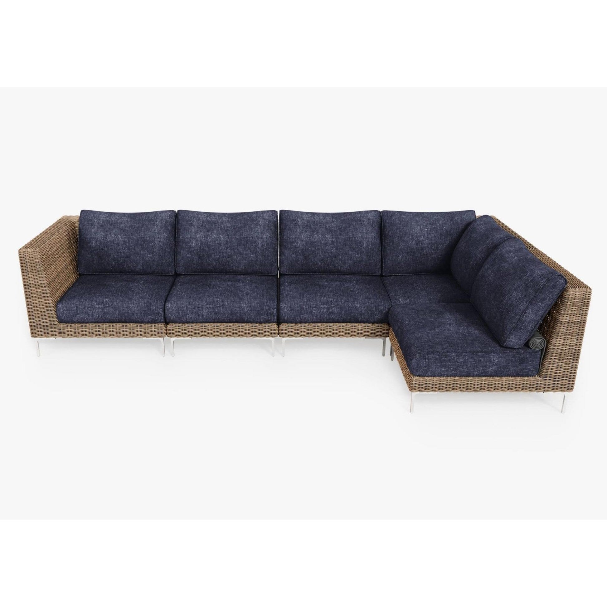 Live Outer 132" x 66" Brown Wicker Outdoor L Shape Sectional 5-Seat With Deep Sea Navy Cushion