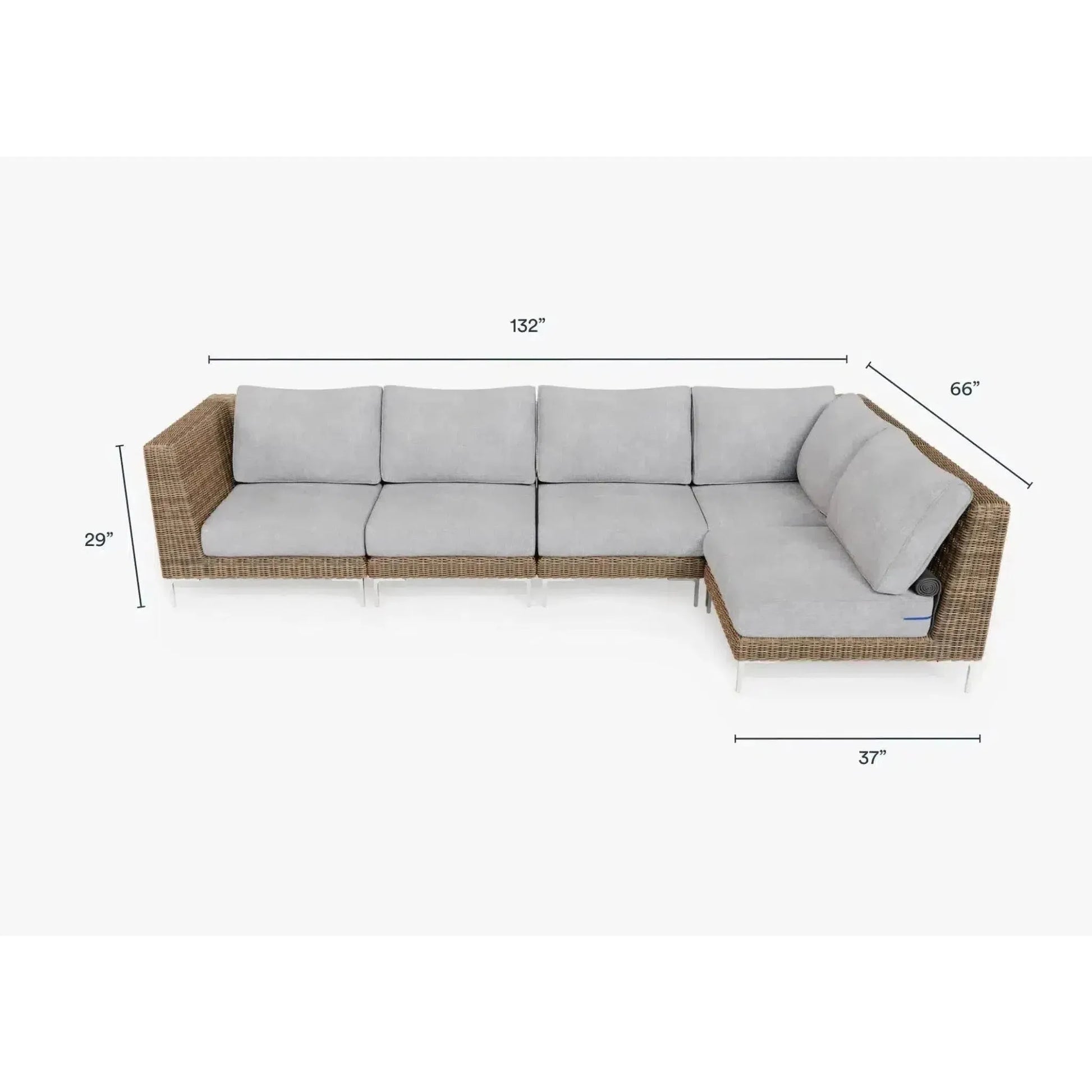 Live Outer 132" x 66" Brown Wicker Outdoor L Shape Sectional 5-Seat With Pacific Fog Gray Cushion