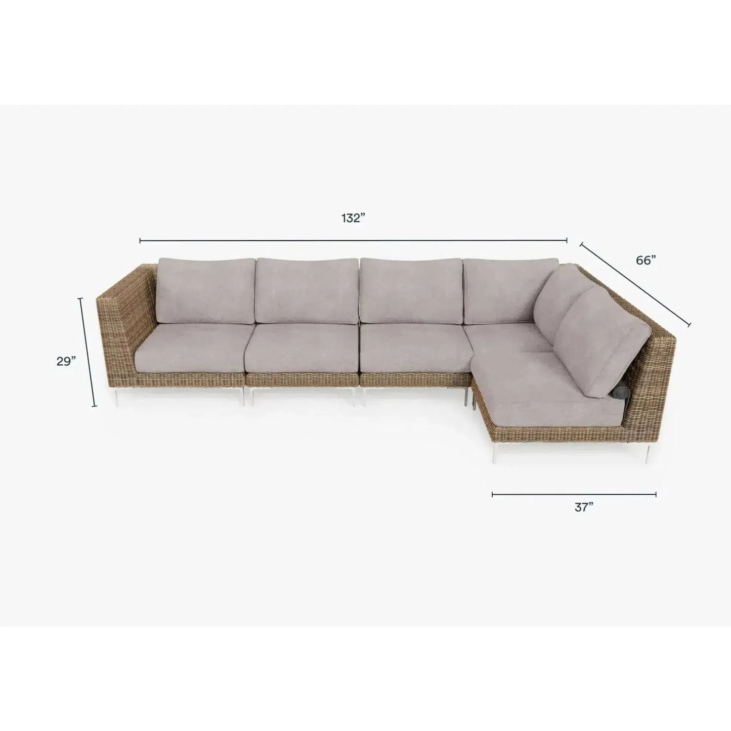 Live Outer 132" x 66" Brown Wicker Outdoor L Shape Sectional 5-Seat With Sandstone Gray Cushion