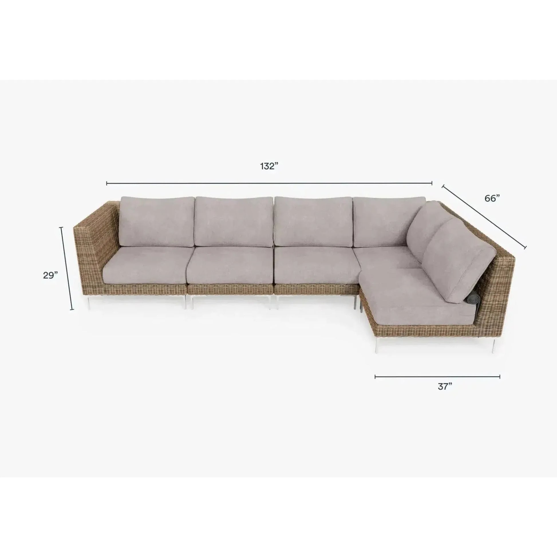 Live Outer 132" x 66" Brown Wicker Outdoor L Shape Sectional 5-Seat With Sandstone Gray Cushion