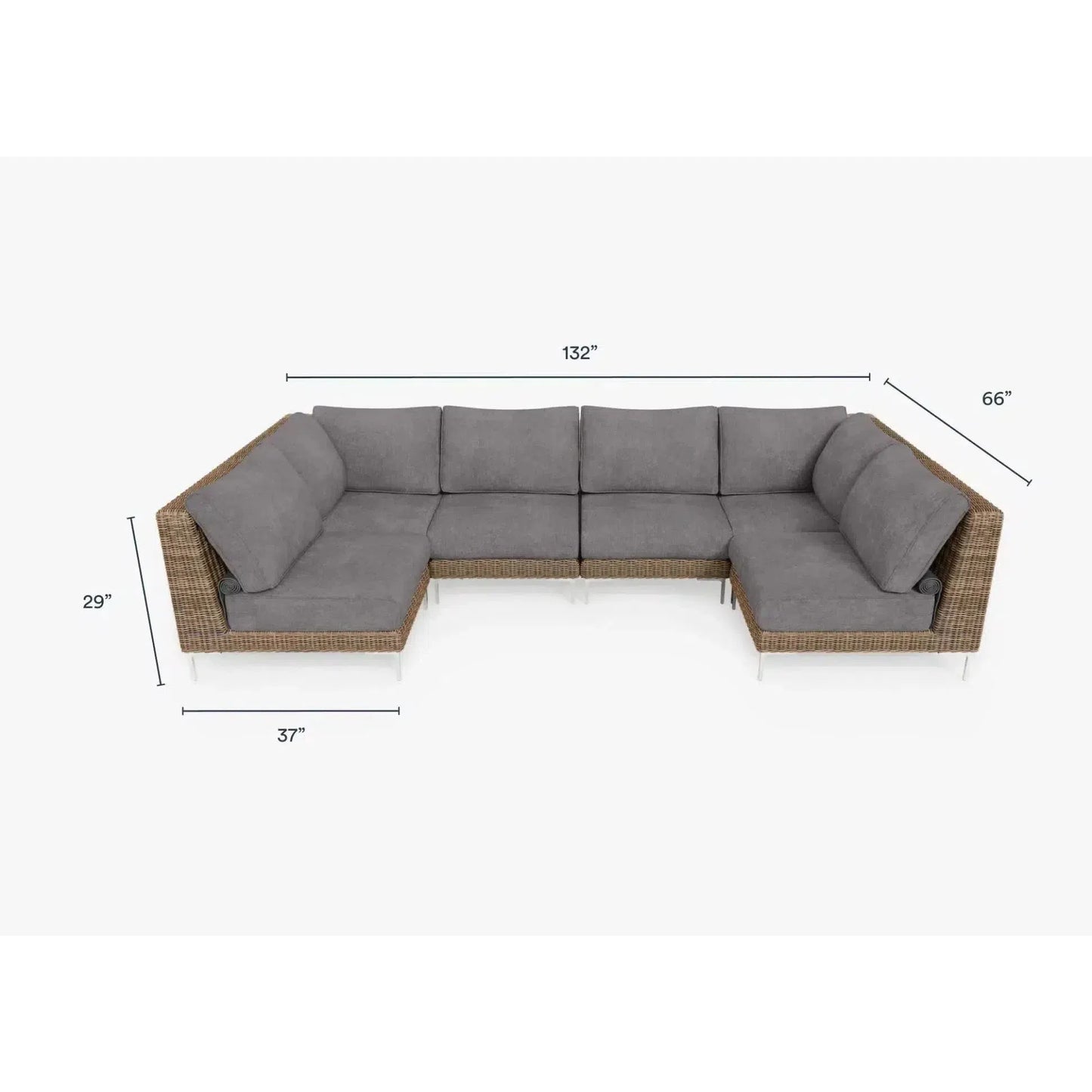 Live Outer 132" x 66" Brown Wicker Outdoor U Sectional 6-Seat With Dark Pebble Gray Cushion