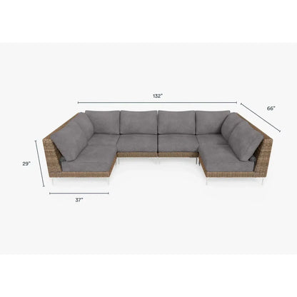 Live Outer 132" x 66" Brown Wicker Outdoor U Sectional 6-Seat With Dark Pebble Gray Cushion