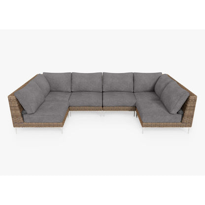 Live Outer 132" x 66" Brown Wicker Outdoor U Sectional 6-Seat With Dark Pebble Gray Cushion