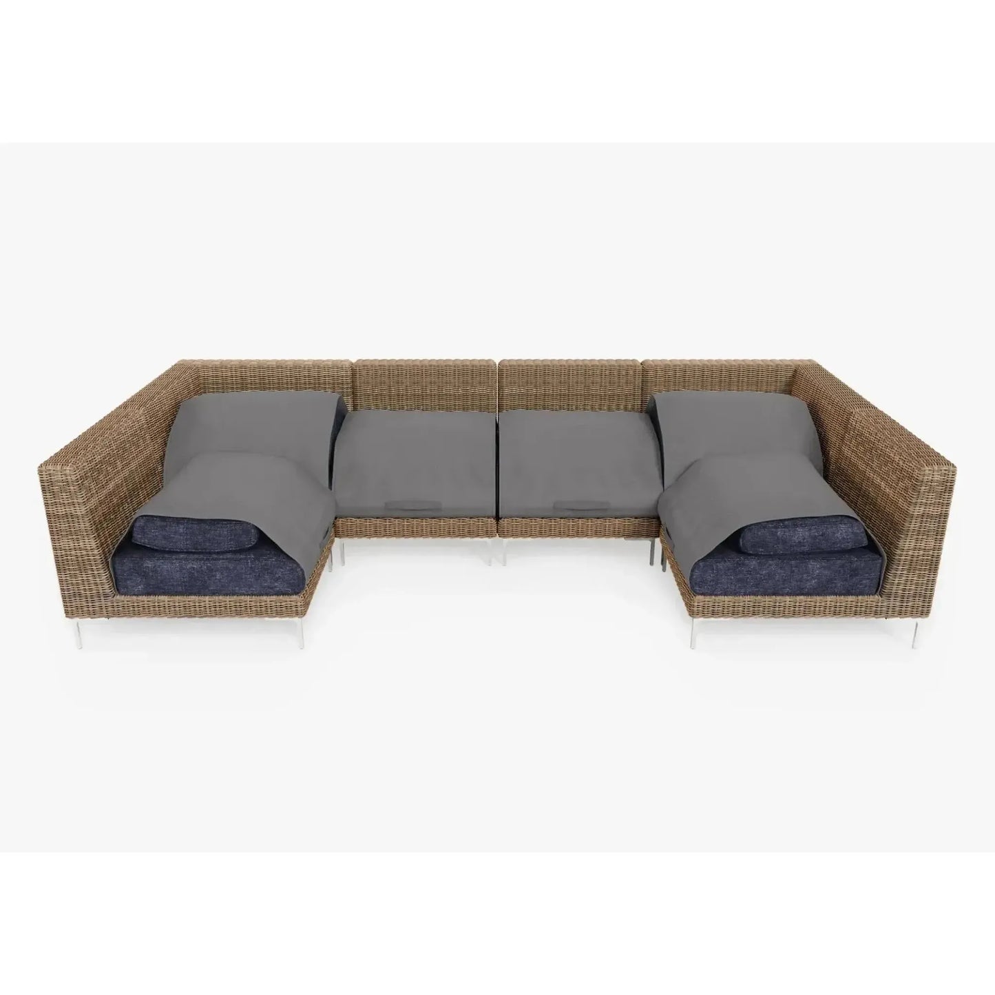 Live Outer 132" x 66" Brown Wicker Outdoor U Sectional 6-Seat With Deep Sea Navy Cushion