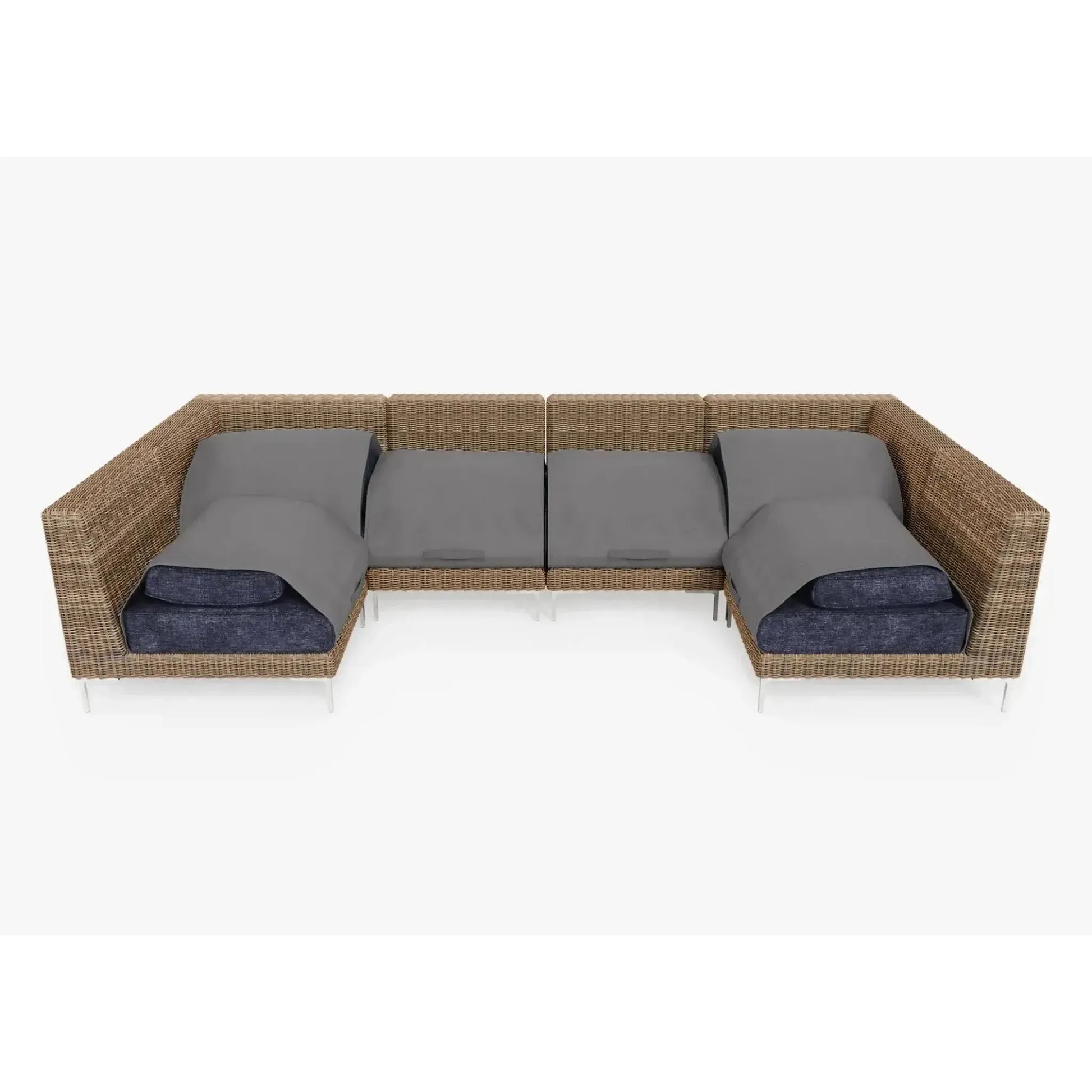 Live Outer 132" x 66" Brown Wicker Outdoor U Sectional 6-Seat With Deep Sea Navy Cushion