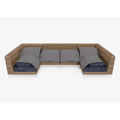 Live Outer 132" x 66" Brown Wicker Outdoor U Sectional 6-Seat With Deep Sea Navy Cushion
