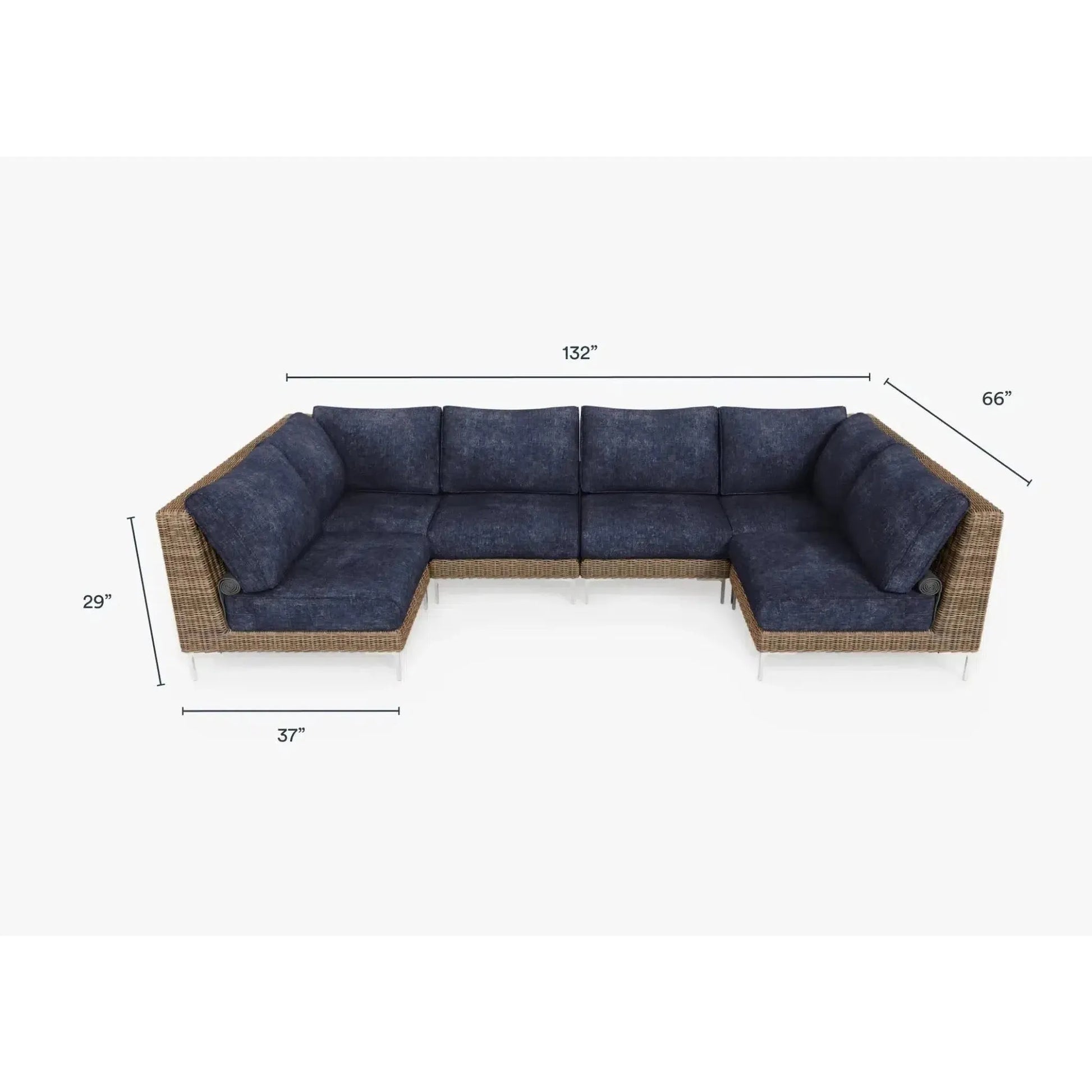 Live Outer 132" x 66" Brown Wicker Outdoor U Sectional 6-Seat With Deep Sea Navy Cushion