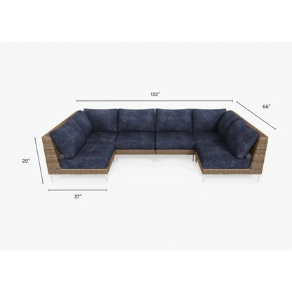 Live Outer 132" x 66" Brown Wicker Outdoor U Sectional 6-Seat With Deep Sea Navy Cushion