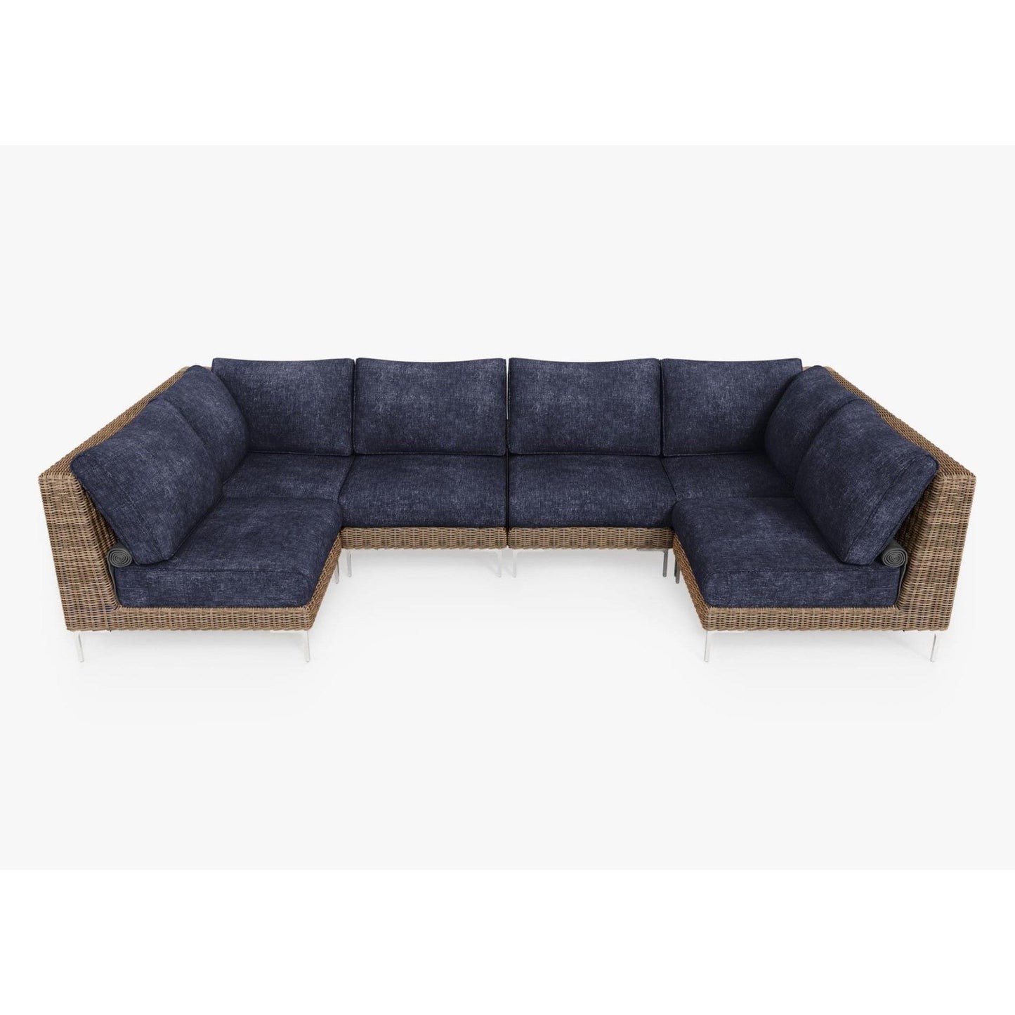 Live Outer 132" x 66" Brown Wicker Outdoor U Sectional 6-Seat With Deep Sea Navy Cushion