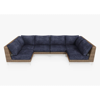 Live Outer 132" x 66" Brown Wicker Outdoor U Sectional 6-Seat With Deep Sea Navy Cushion