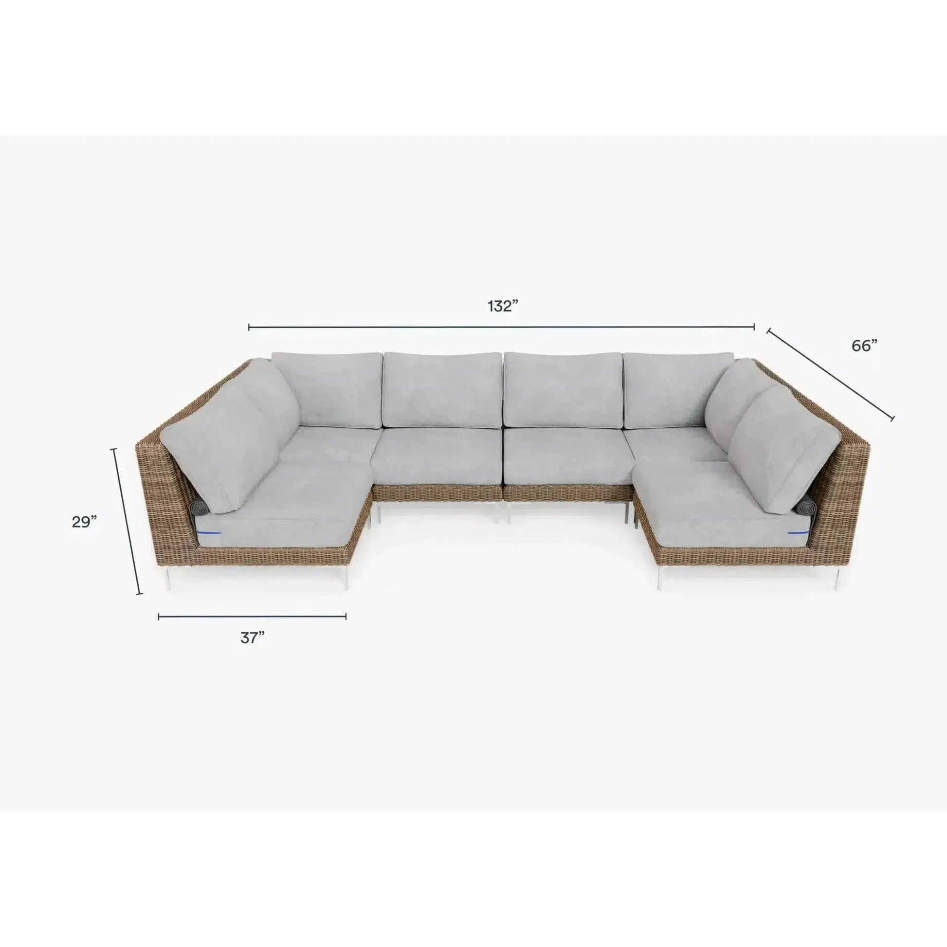 Live Outer 132" x 66" Brown Wicker Outdoor U Sectional 6-Seat With Pacific Fog Gray Cushion