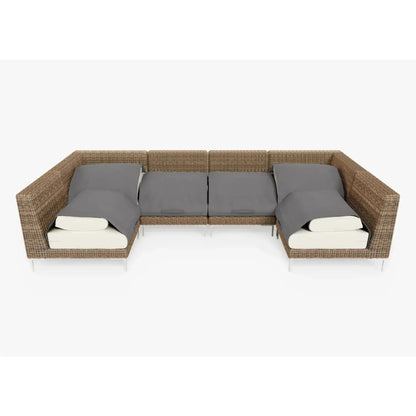 Live Outer 132" x 66" Brown Wicker Outdoor U Sectional 6-Seat With Palisades Cream Cushion