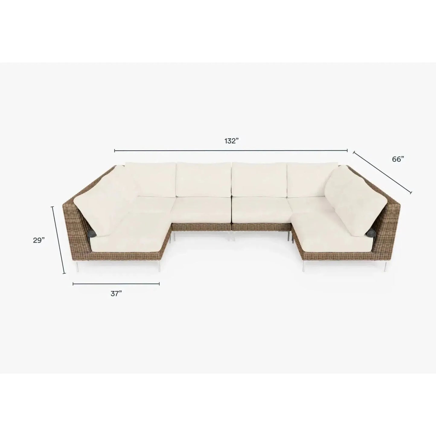 Live Outer 132" x 66" Brown Wicker Outdoor U Sectional 6-Seat With Palisades Cream Cushion