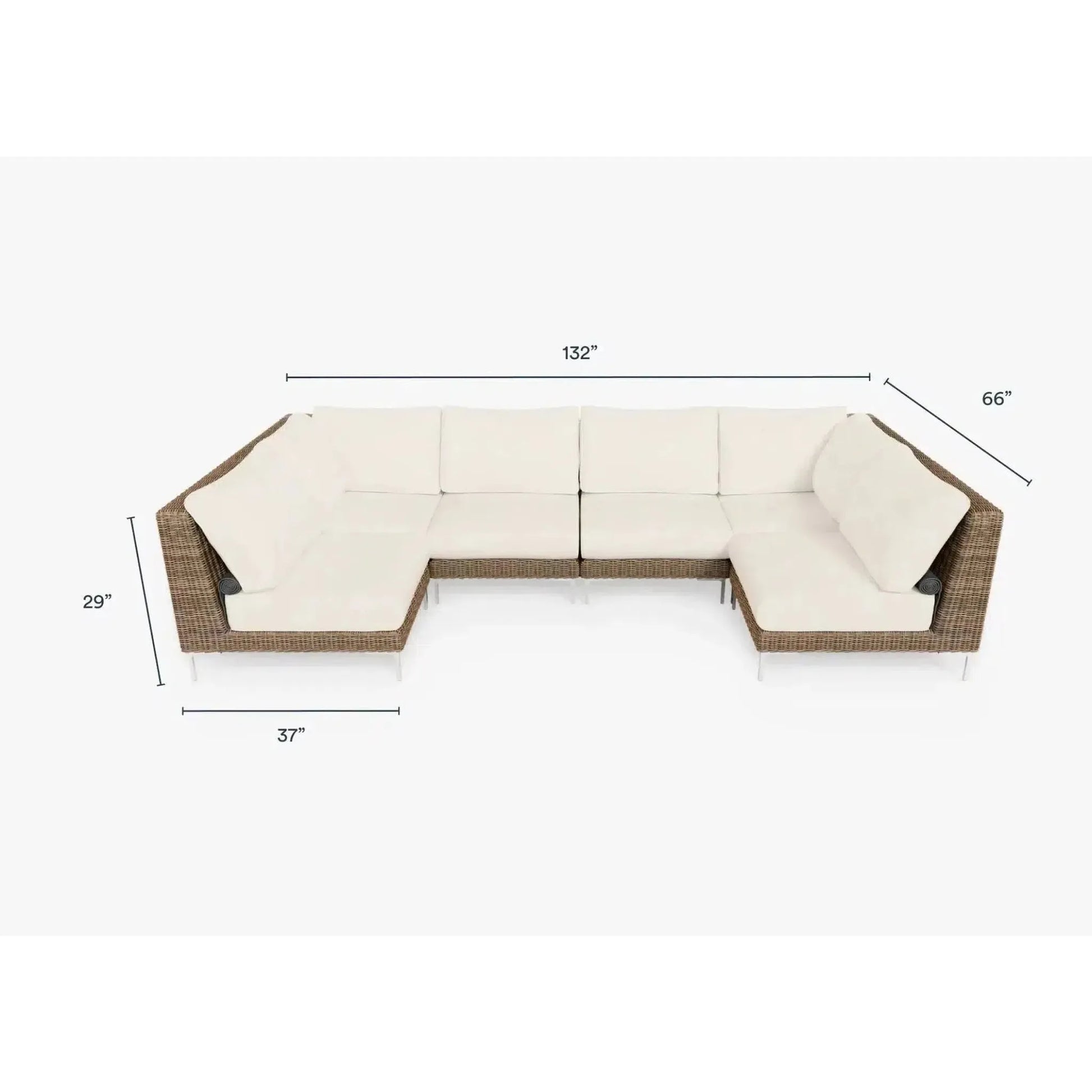 Live Outer 132" x 66" Brown Wicker Outdoor U Sectional 6-Seat With Palisades Cream Cushion