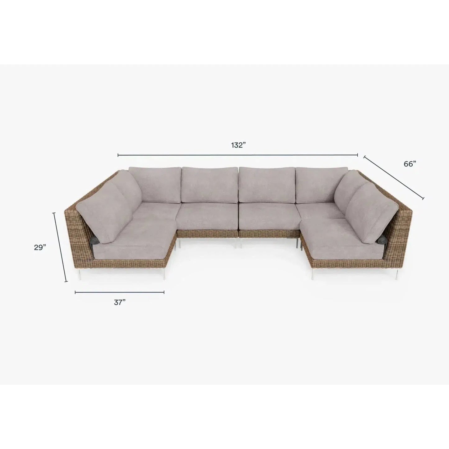 Live Outer 132" x 66" Brown Wicker Outdoor U Sectional 6-Seat With Sandstone Gray Cushion