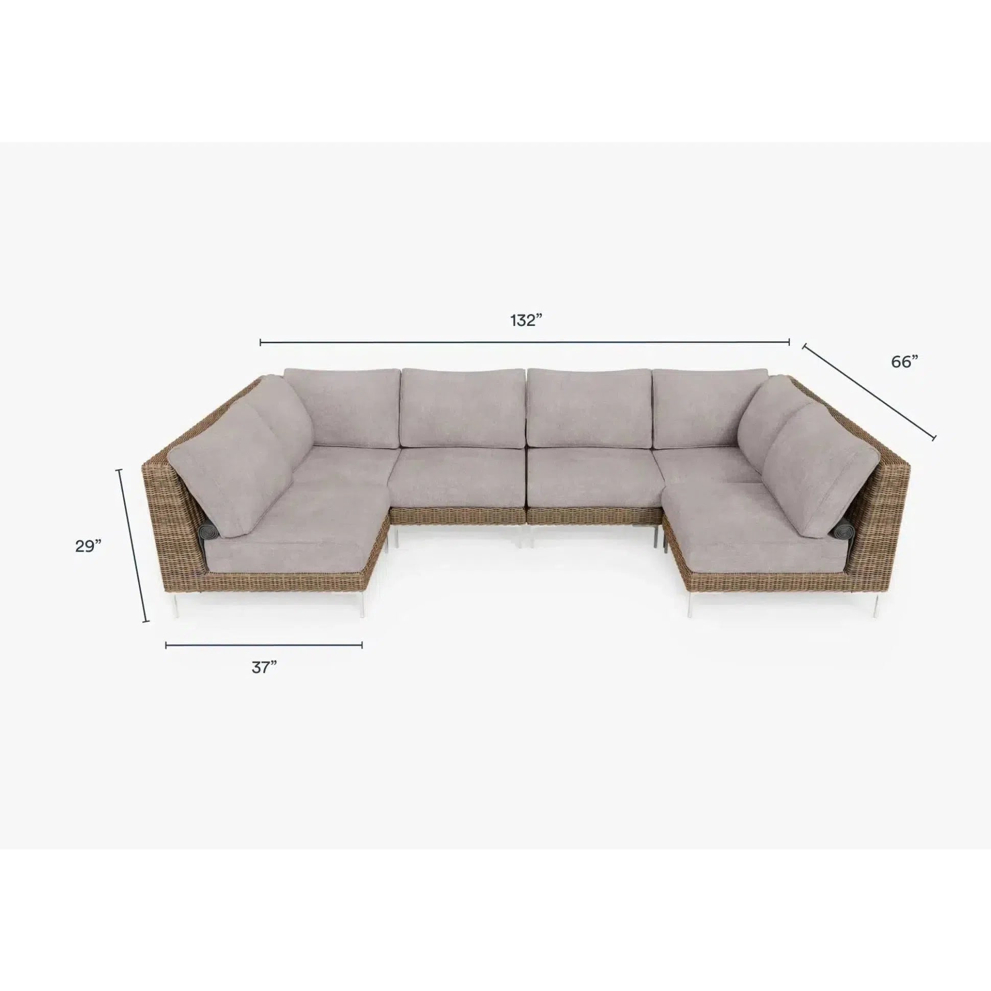 Live Outer 132" x 66" Brown Wicker Outdoor U Sectional 6-Seat With Sandstone Gray Cushion
