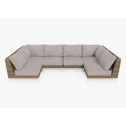 Live Outer 132" x 66" Brown Wicker Outdoor U Sectional 6-Seat With Sandstone Gray Cushion