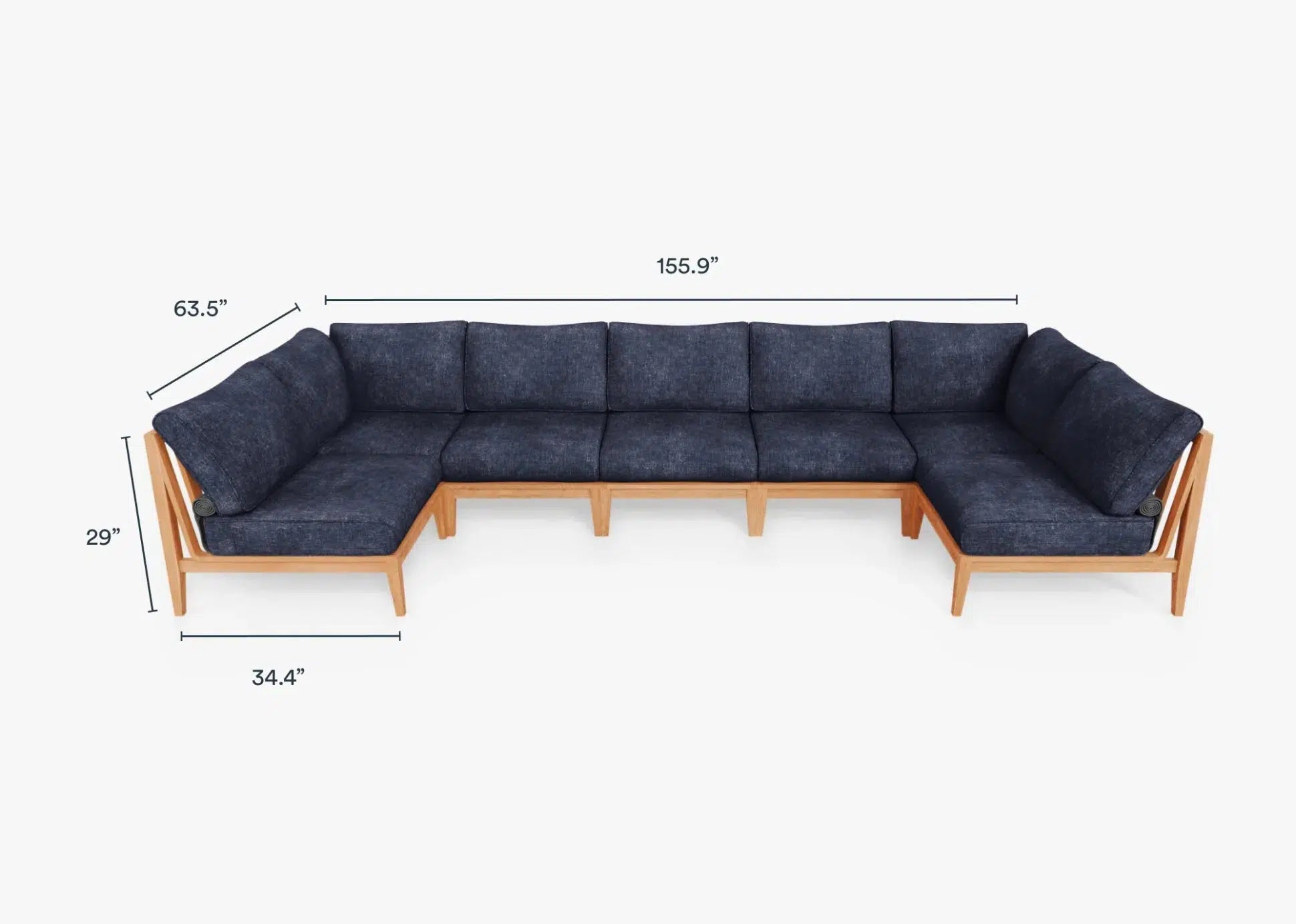 Live Outer 156" x 64" Teak Outdoor U Shape Sectional 7-Seat With Deep Sea Navy Cushion