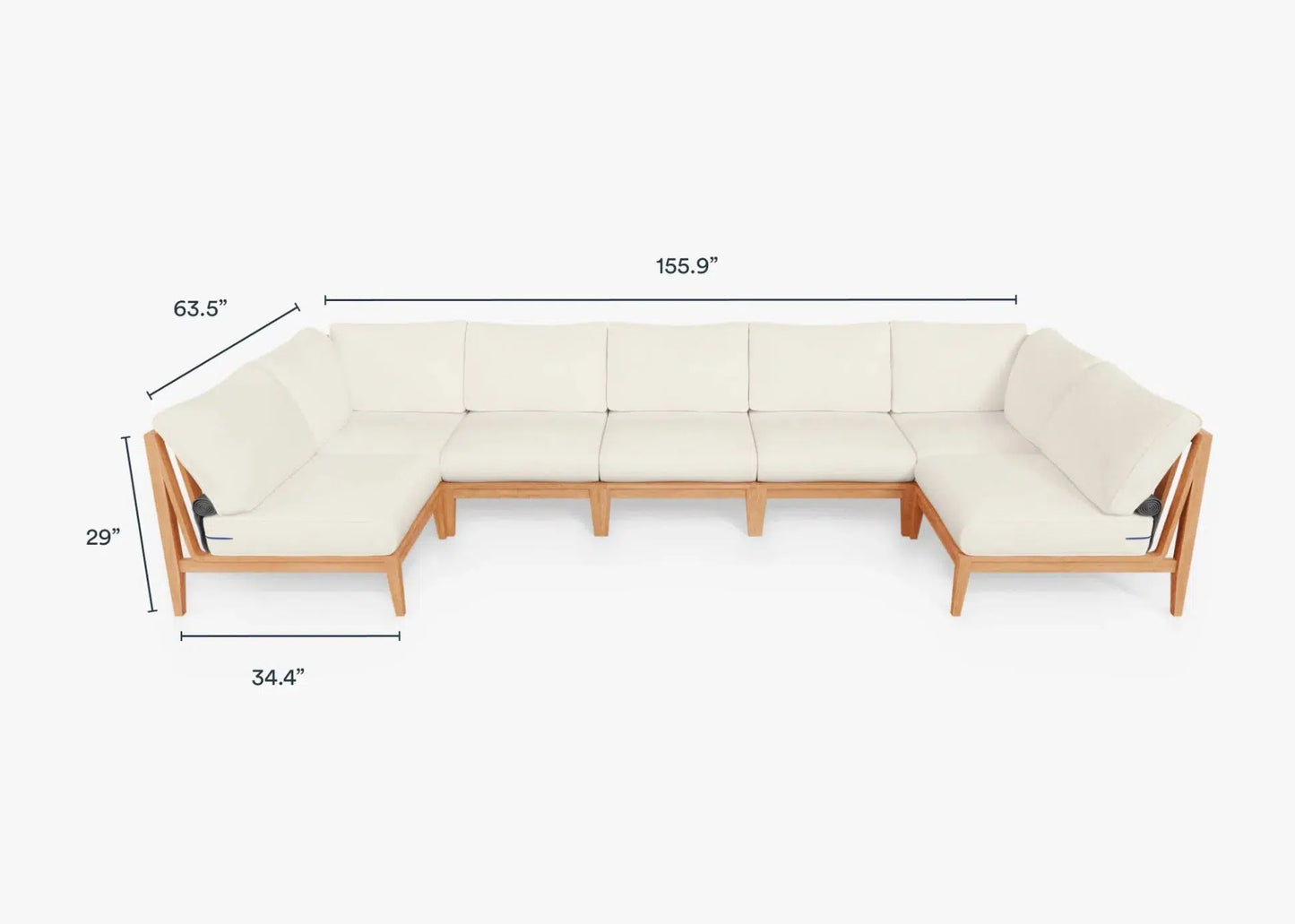 Live Outer 156" x 64" Teak Outdoor U Shape Sectional 7-Seat With Palisades Cream Cushion
