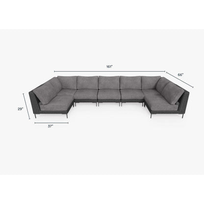 Live Outer 161" x 66" Black Wicker Outdoor U Sectional 7-Seat With Dark Pebble Gray Cushion