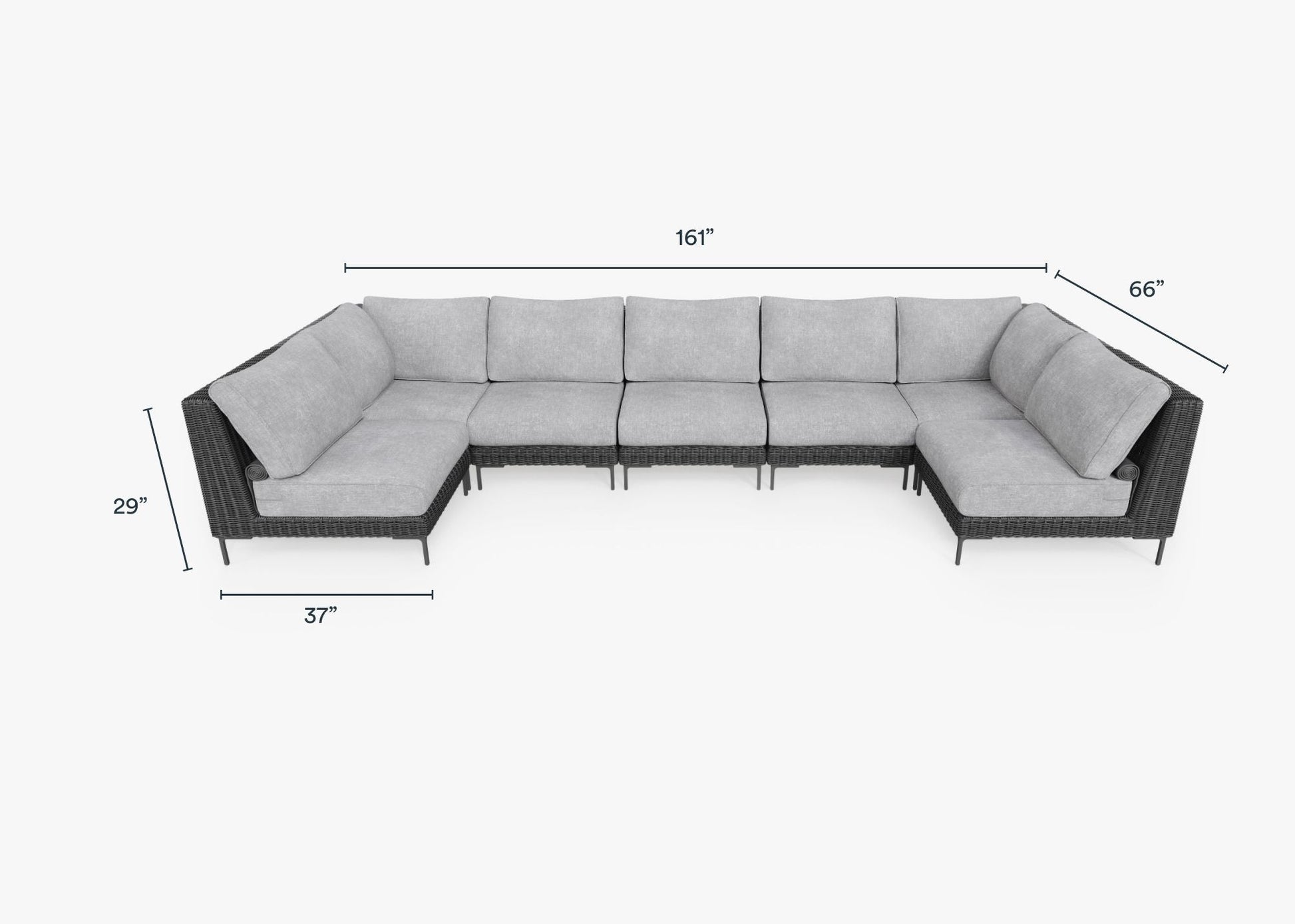 Live Outer 161" x 66" Black Wicker Outdoor U Sectional 7-Seat With Pacific Fog Gray Cushion