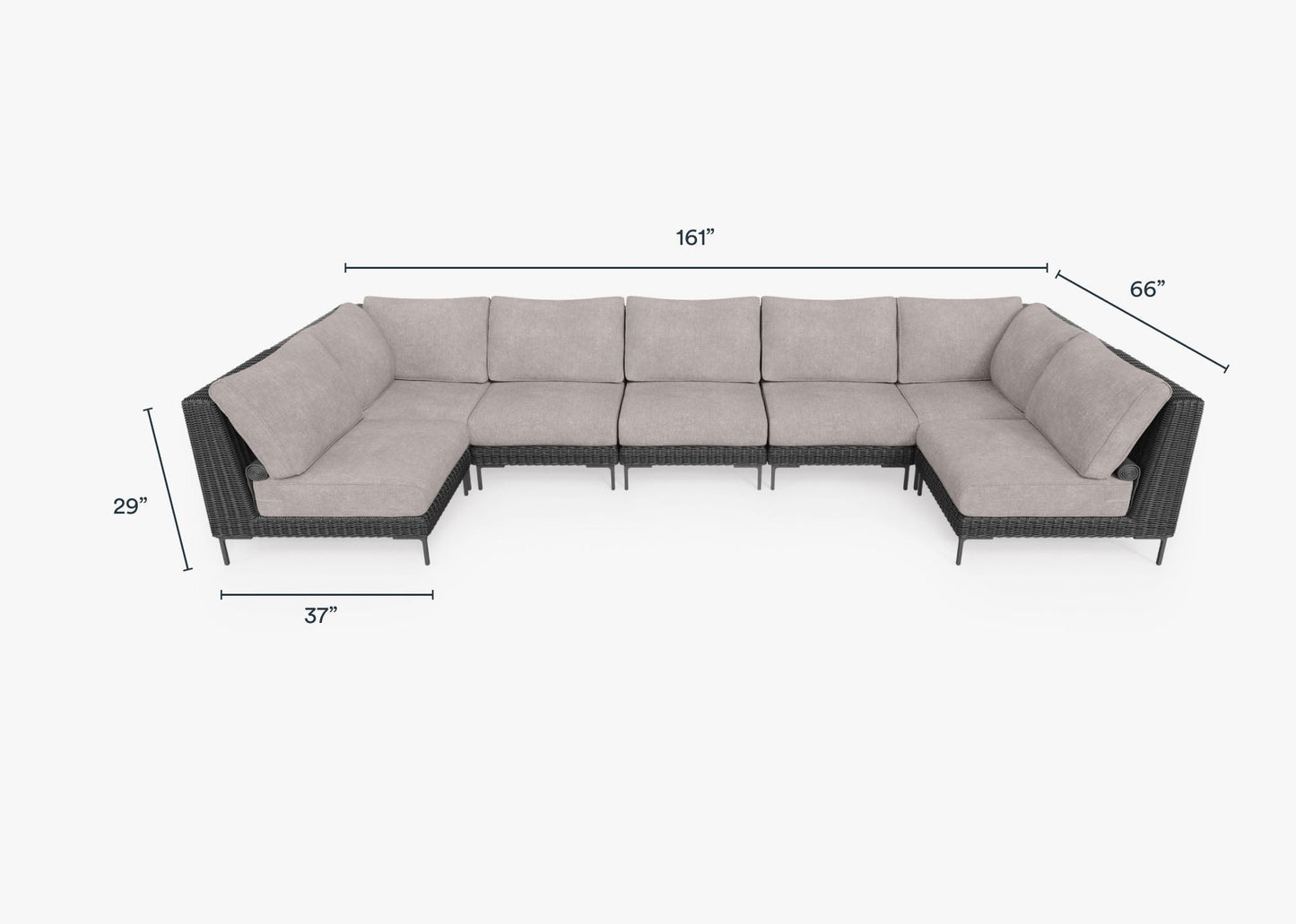 Live Outer 161" x 66" Black Wicker Outdoor U Sectional 7-Seat With Sandstone Gray Cushion