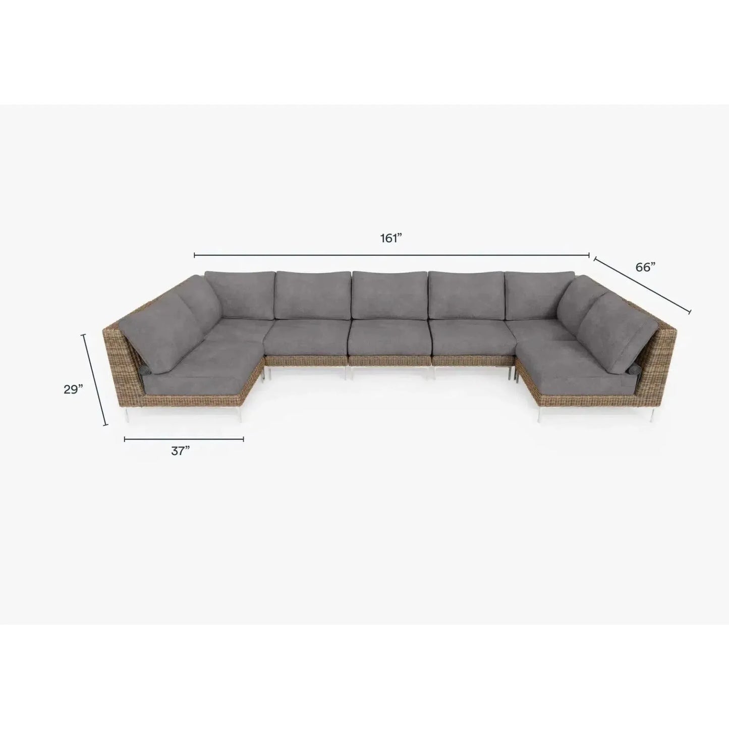 Live Outer 161" x 66" Brown Wicker Outdoor U Sectional 7-Seat With Dark Pebble Gray Cushion