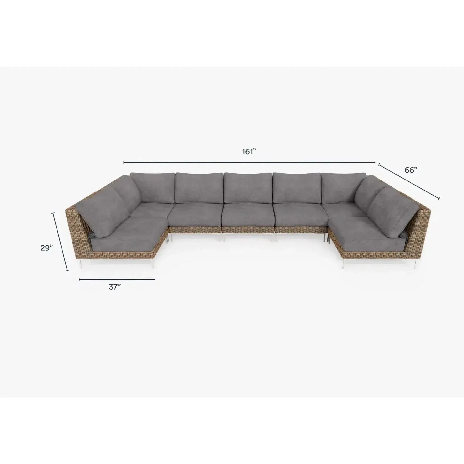Live Outer 161" x 66" Brown Wicker Outdoor U Sectional 7-Seat With Dark Pebble Gray Cushion