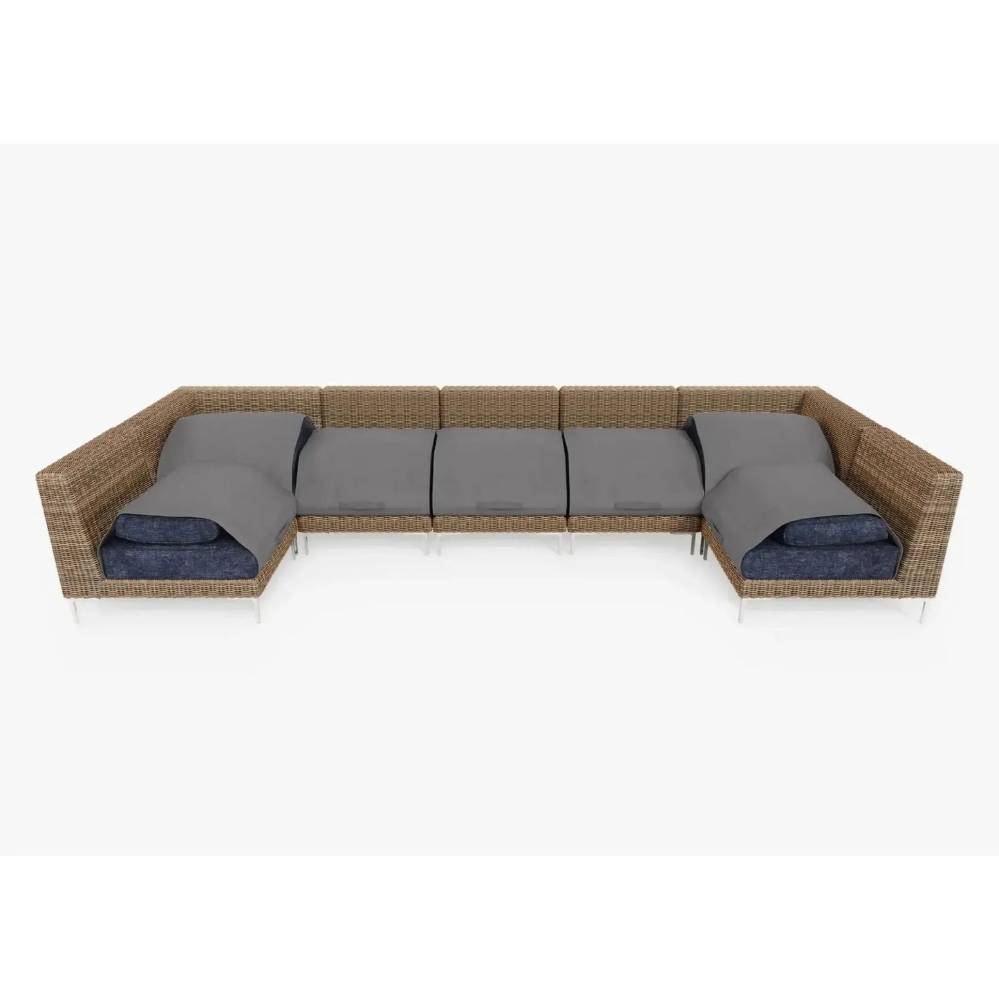 Live Outer 161" x 66" Brown Wicker Outdoor U Sectional 7-Seat With Deep Sea Navy Cushion
