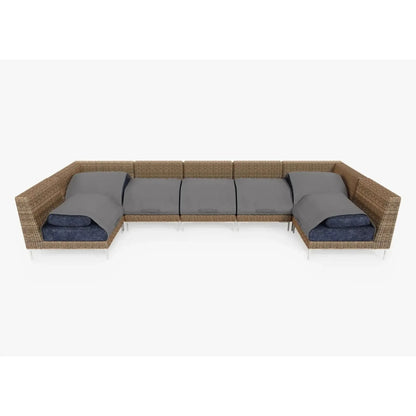 Live Outer 161" x 66" Brown Wicker Outdoor U Sectional 7-Seat With Deep Sea Navy Cushion