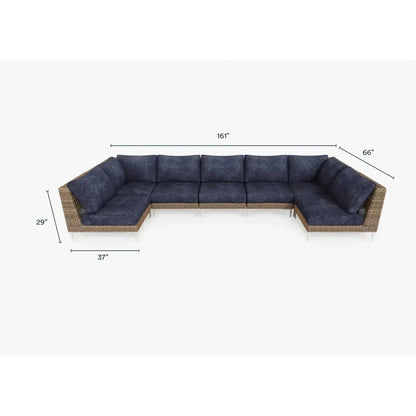 Live Outer 161" x 66" Brown Wicker Outdoor U Sectional 7-Seat With Deep Sea Navy Cushion