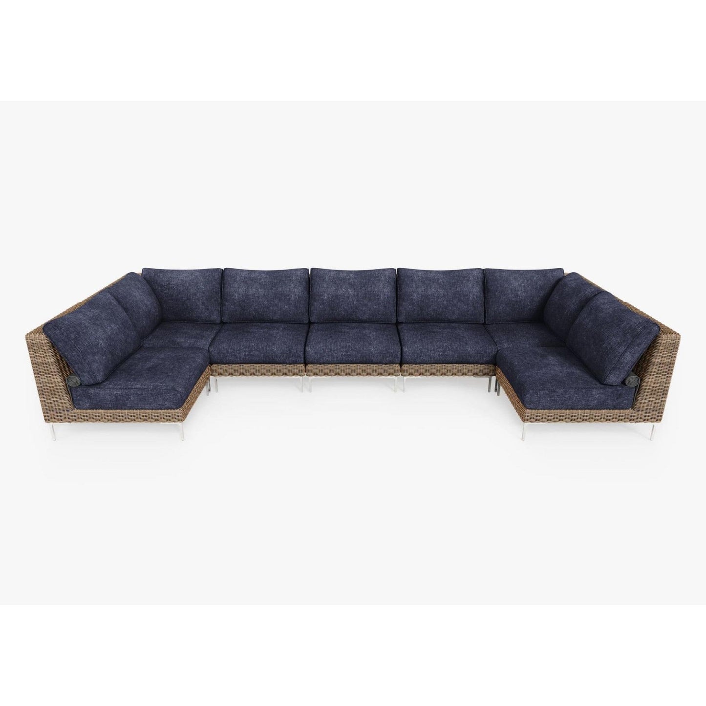 Live Outer 161" x 66" Brown Wicker Outdoor U Sectional 7-Seat With Deep Sea Navy Cushion