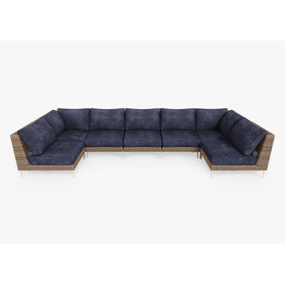 Live Outer 161" x 66" Brown Wicker Outdoor U Sectional 7-Seat With Deep Sea Navy Cushion
