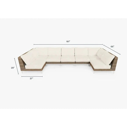 Live Outer 161" x 66" Brown Wicker Outdoor U Sectional 7-Seat With Palisades Cream Cushion