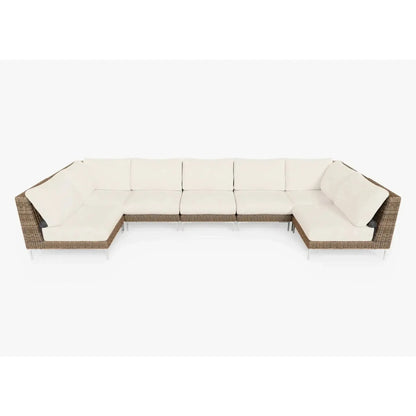 Live Outer 161" x 66" Brown Wicker Outdoor U Sectional 7-Seat With Palisades Cream Cushion