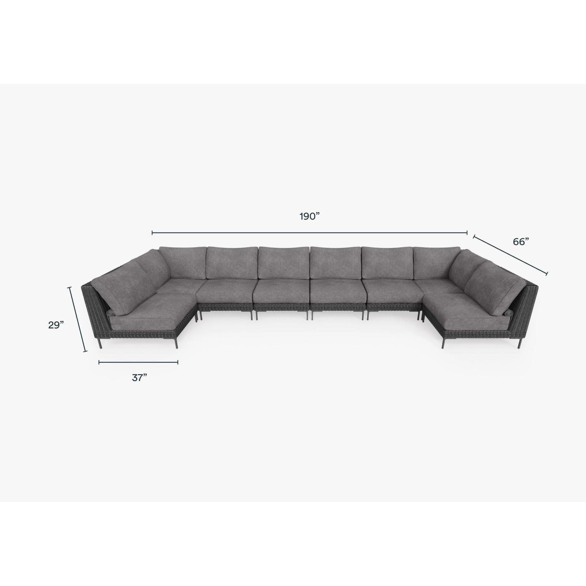 Live Outer 190" x 66" Black Wicker Outdoor U Sectional 8-Seat With Dark Pebble Gray Cushion