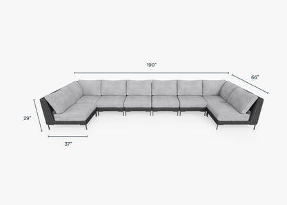 Live Outer 190" x 66" Black Wicker Outdoor U Sectional 8-Seat With Pacific Fog Gray Cushion