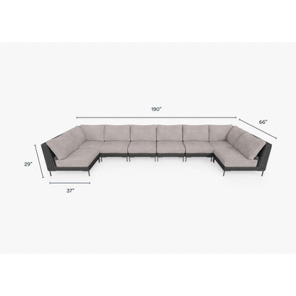 Live Outer 190" x 66" Black Wicker Outdoor U Sectional 8-Seat With Sandstone Gray Cushion
