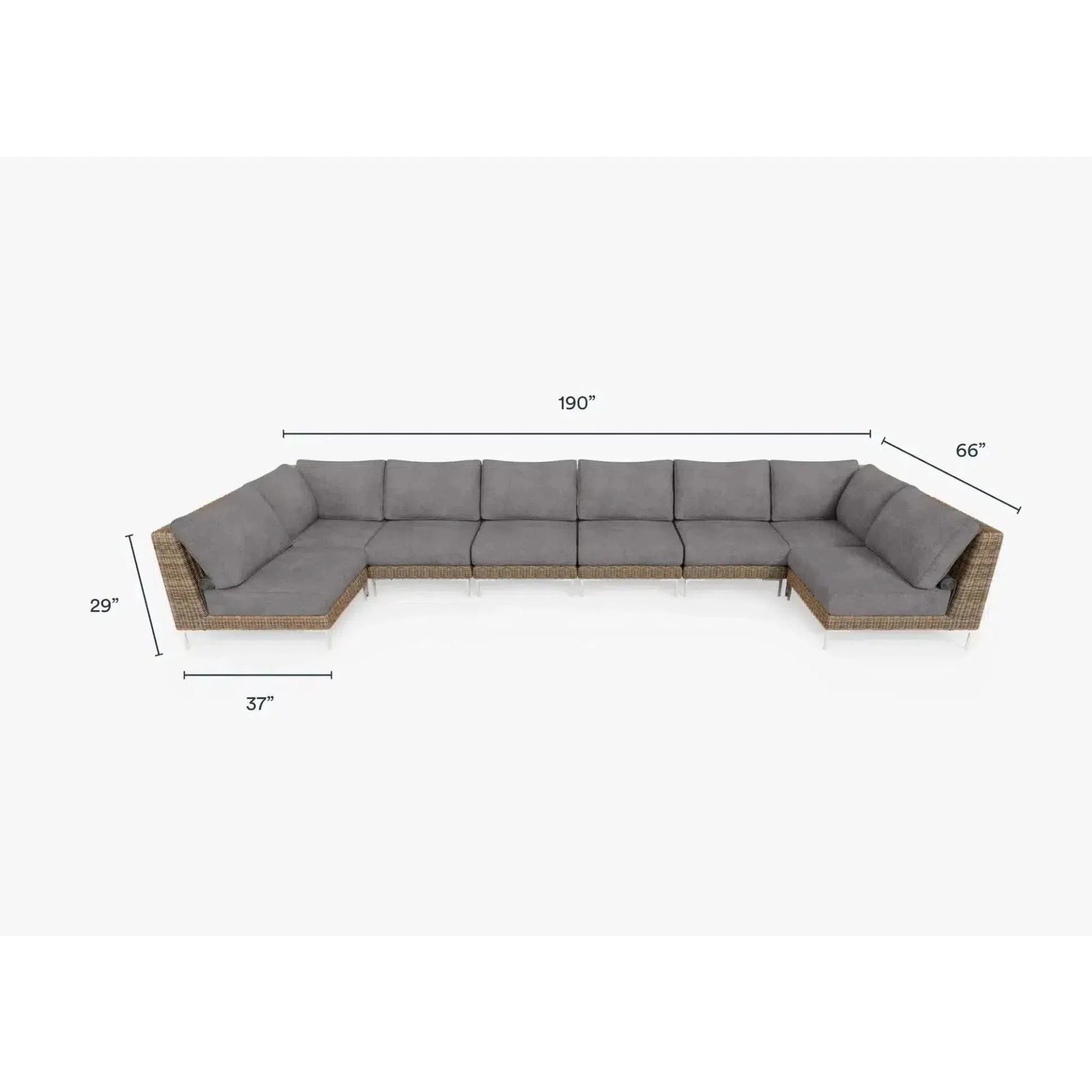 Live Outer 190" x 66" Brown Wicker Outdoor U Sectional 8-Seat With Dark Pebble Gray Cushion