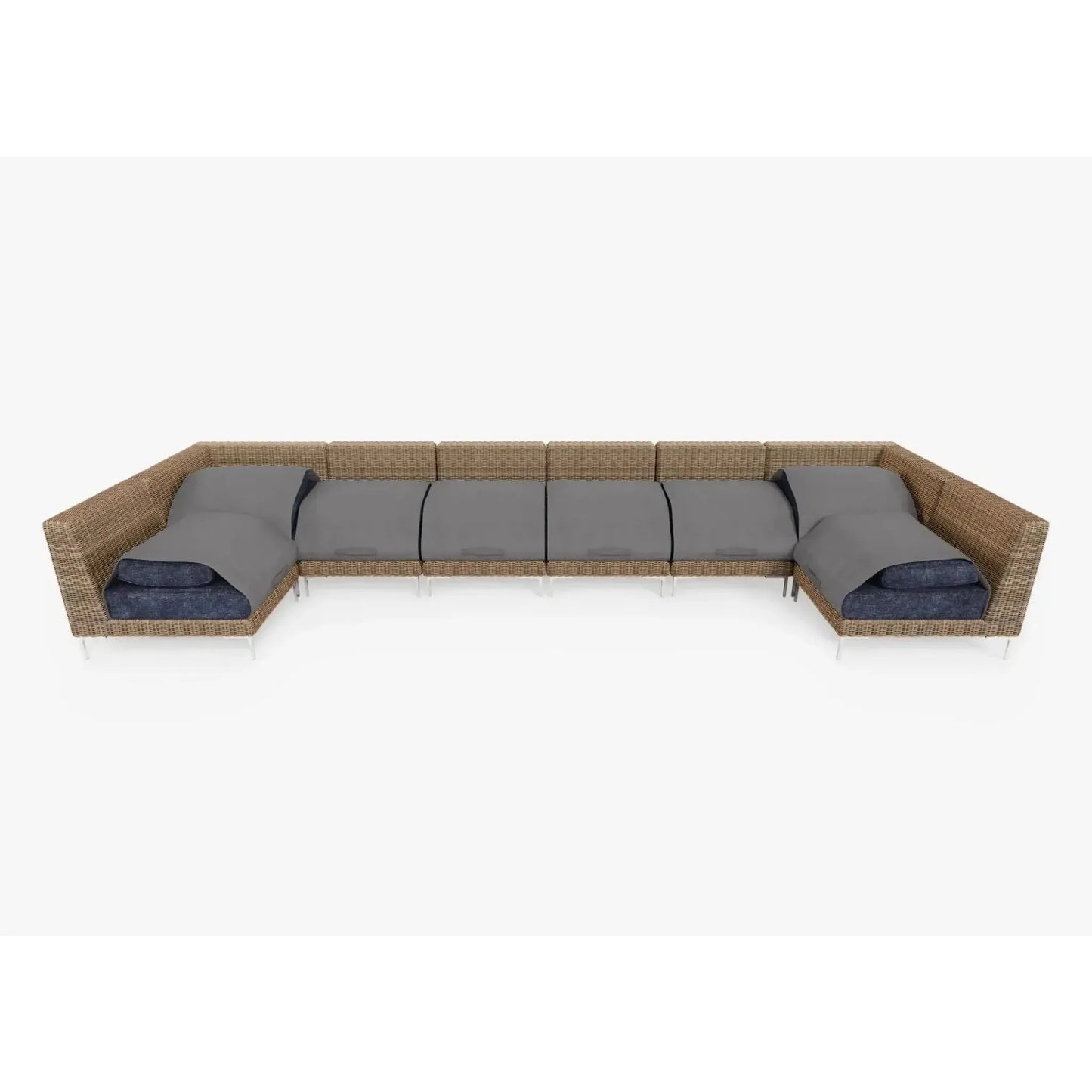 Live Outer 190" x 66" Brown Wicker Outdoor U Sectional 8-Seat With Deep Sea Navy Cushion