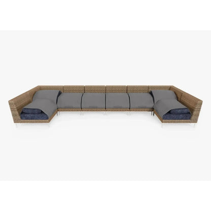 Live Outer 190" x 66" Brown Wicker Outdoor U Sectional 8-Seat With Deep Sea Navy Cushion