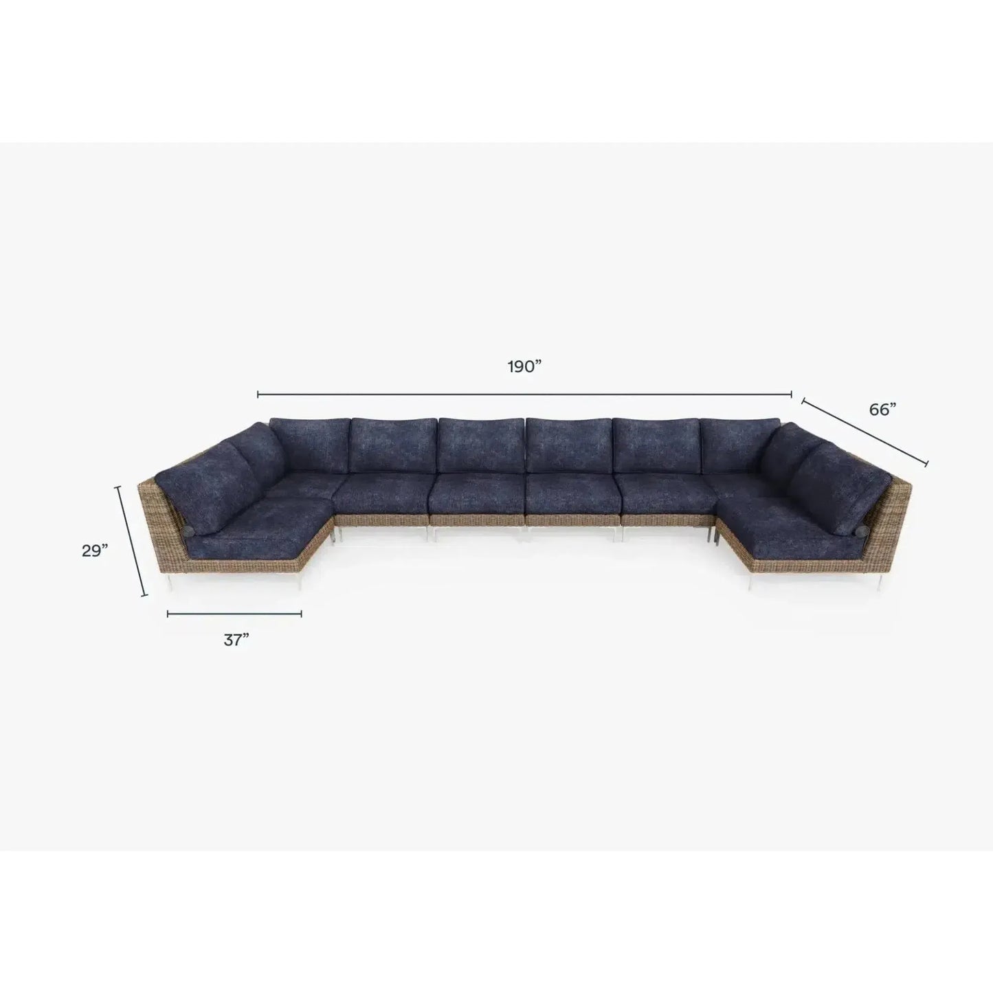 Live Outer 190" x 66" Brown Wicker Outdoor U Sectional 8-Seat With Deep Sea Navy Cushion