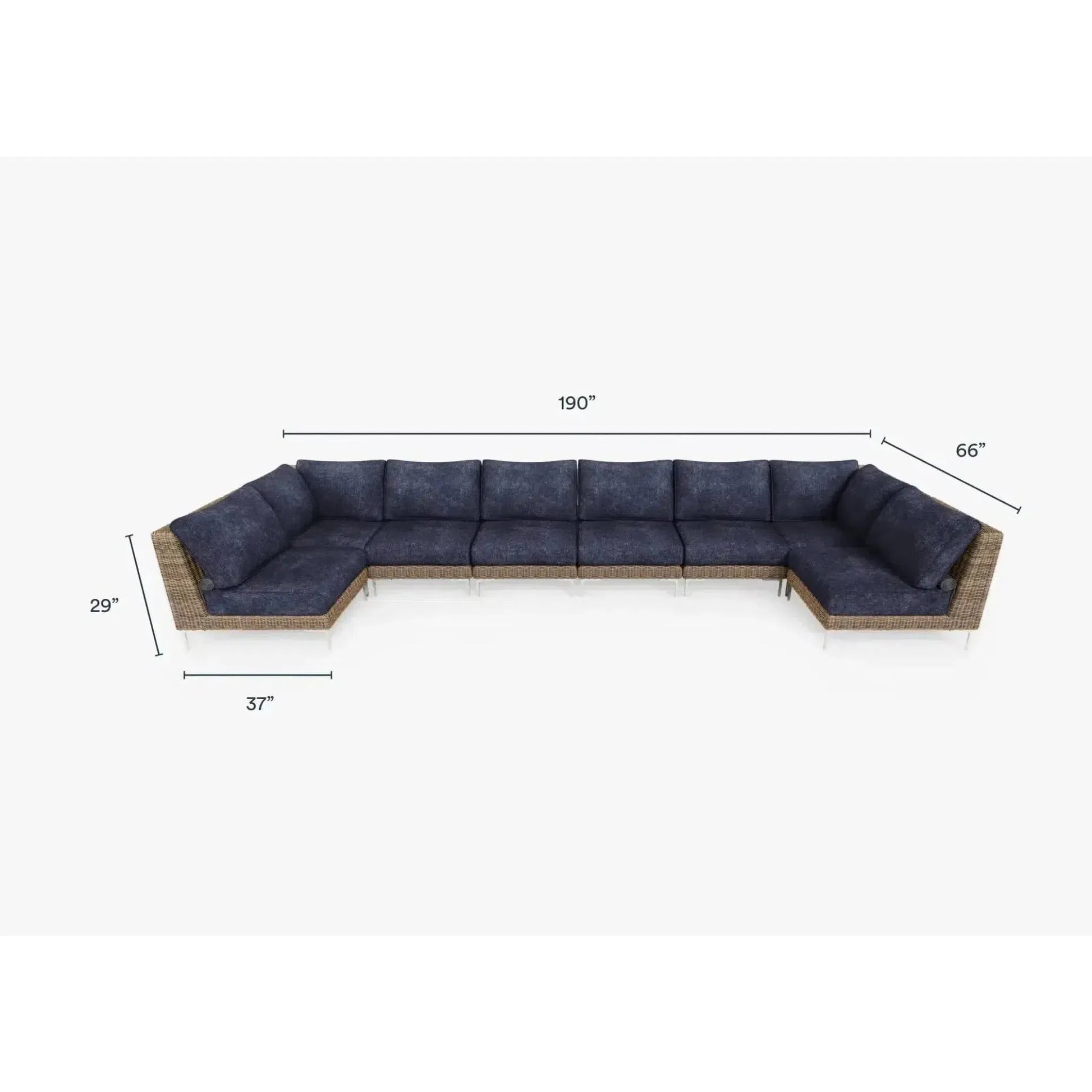 Live Outer 190" x 66" Brown Wicker Outdoor U Sectional 8-Seat With Deep Sea Navy Cushion