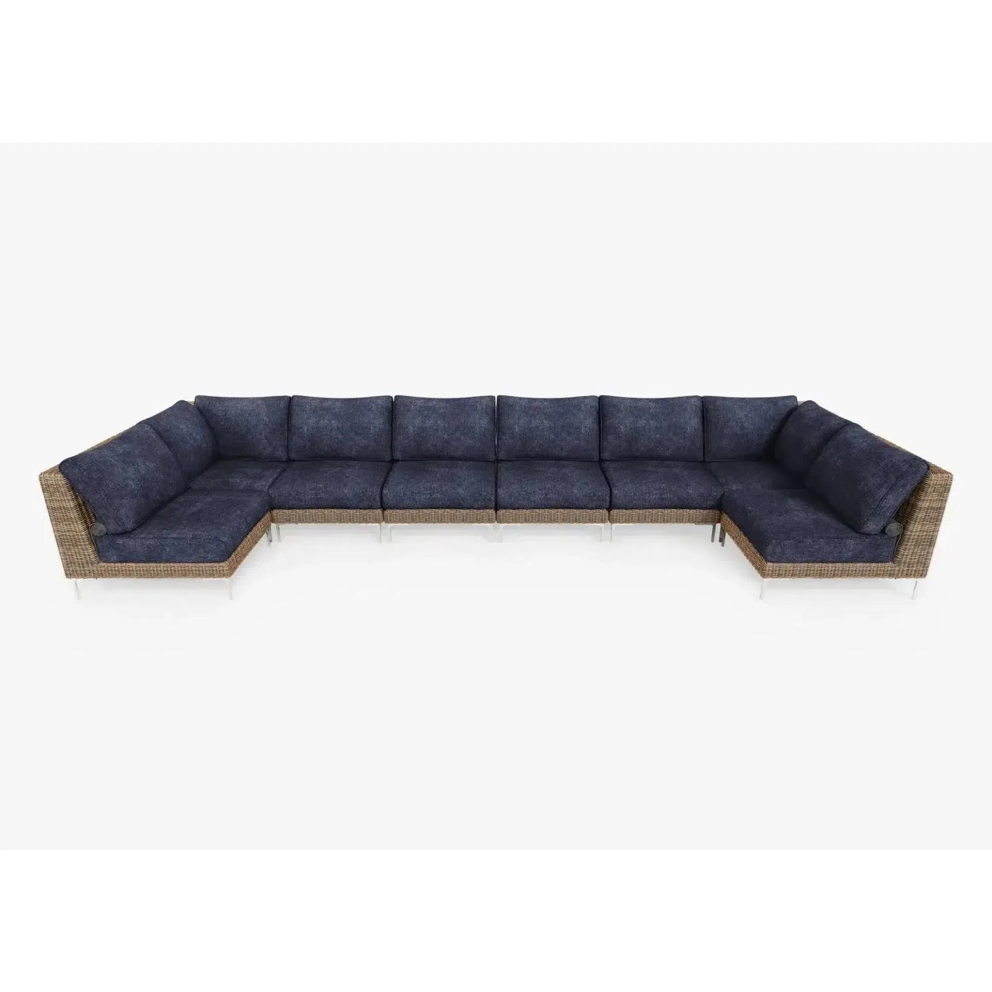 Live Outer 190" x 66" Brown Wicker Outdoor U Sectional 8-Seat With Deep Sea Navy Cushion
