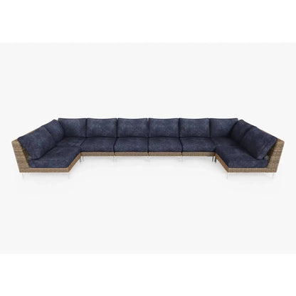 Live Outer 190" x 66" Brown Wicker Outdoor U Sectional 8-Seat With Deep Sea Navy Cushion