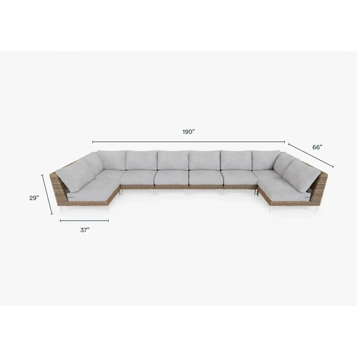 Live Outer 190" x 66" Brown Wicker Outdoor U Sectional 8-Seat With Pacific Fog Gray Cushion