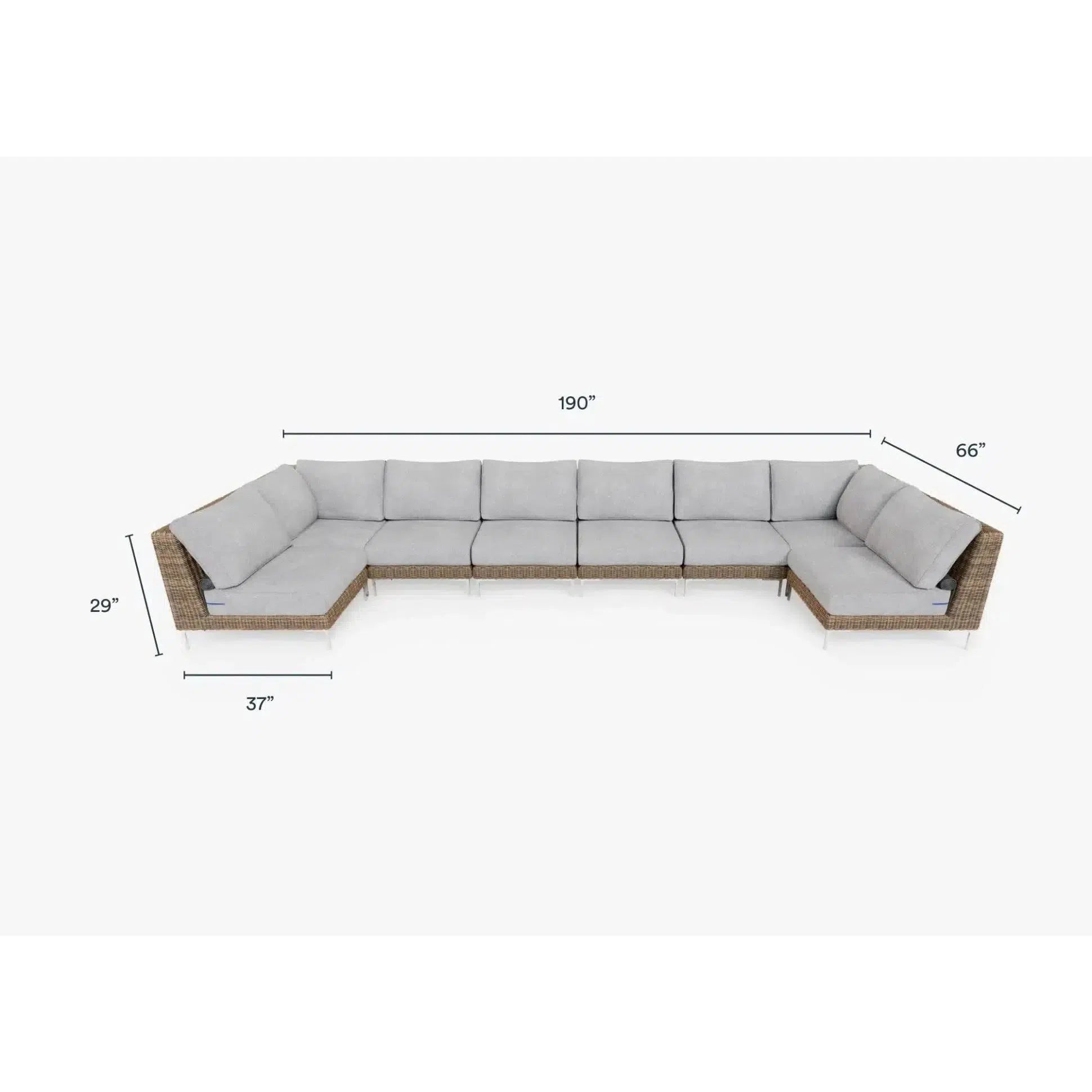 Live Outer 190" x 66" Brown Wicker Outdoor U Sectional 8-Seat With Pacific Fog Gray Cushion