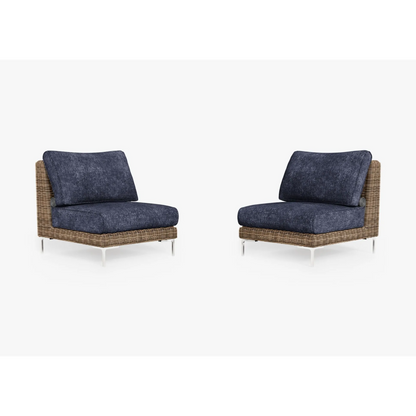 Live Outer 29" Brown Wicker Outdoor Armless Chair Conversation Set With Deep Sea Navy Cushion