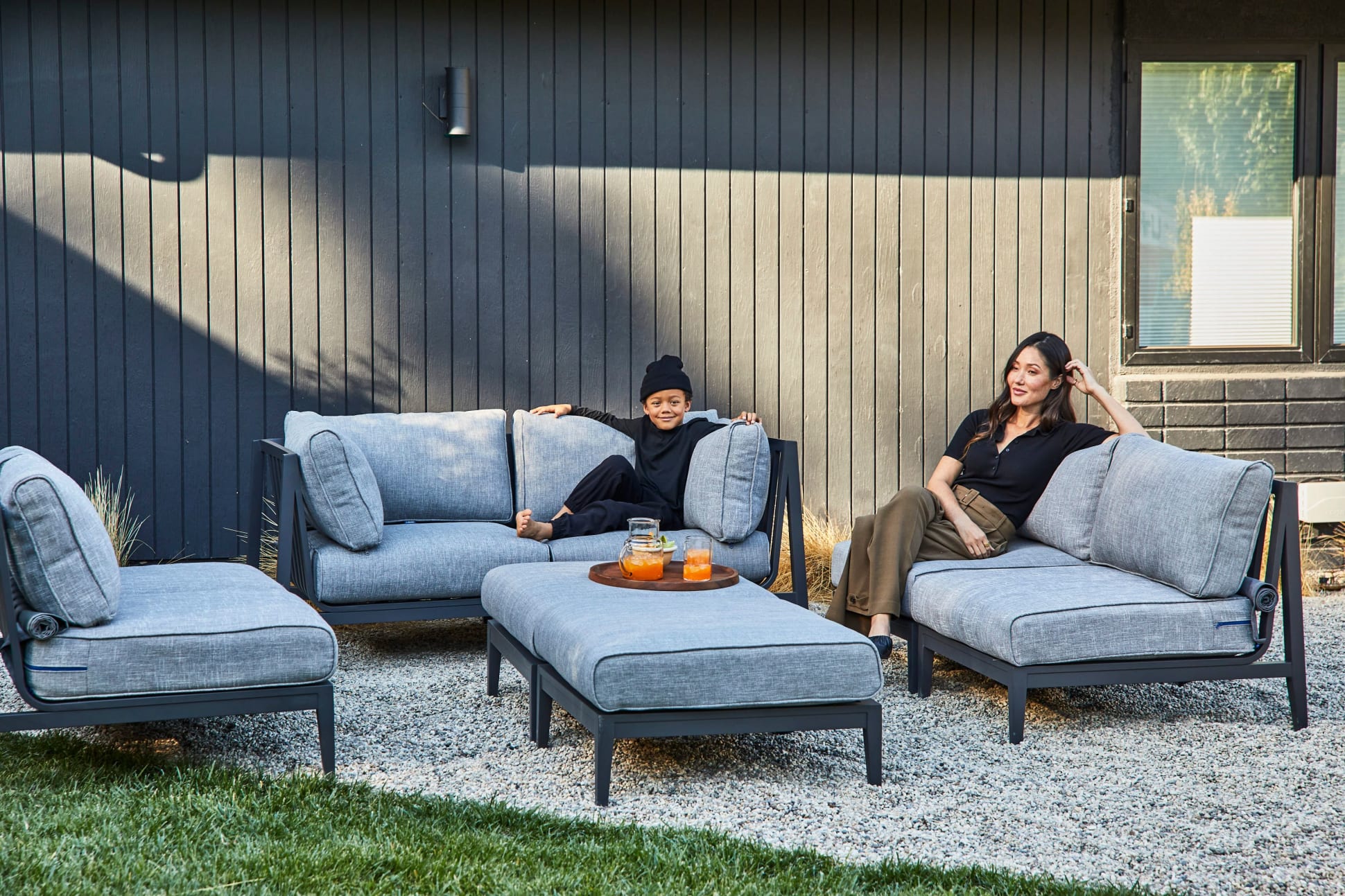 Live Outer 29" Charcoal Aluminum Outdoor Ottoman With Pacific Fog Gray Cushion