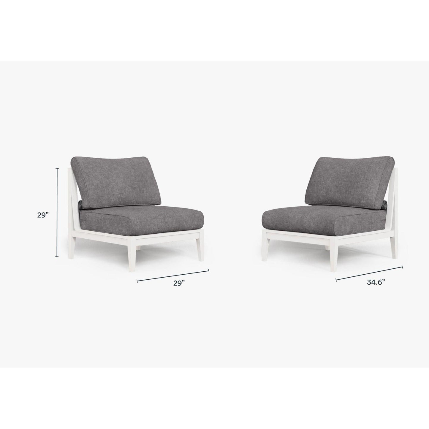 Live Outer 29" White Aluminum Outdoor Armless Chair Conversation Set With Dark Pebble Gray Cushion